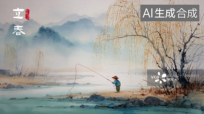 【AI数字艺术】一个男孩在山前放风筝图片素材