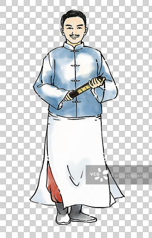 国风水墨穿着马褂拿着折扇的男子图片素材