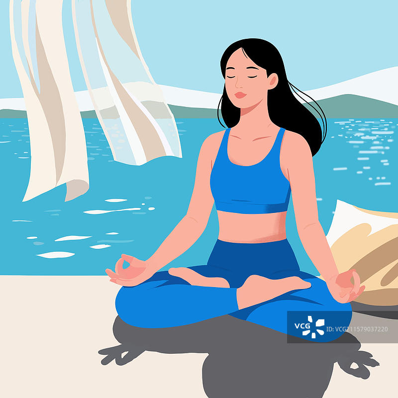 穿蓝色衣服在湖边练瑜伽冥想的女孩图片素材