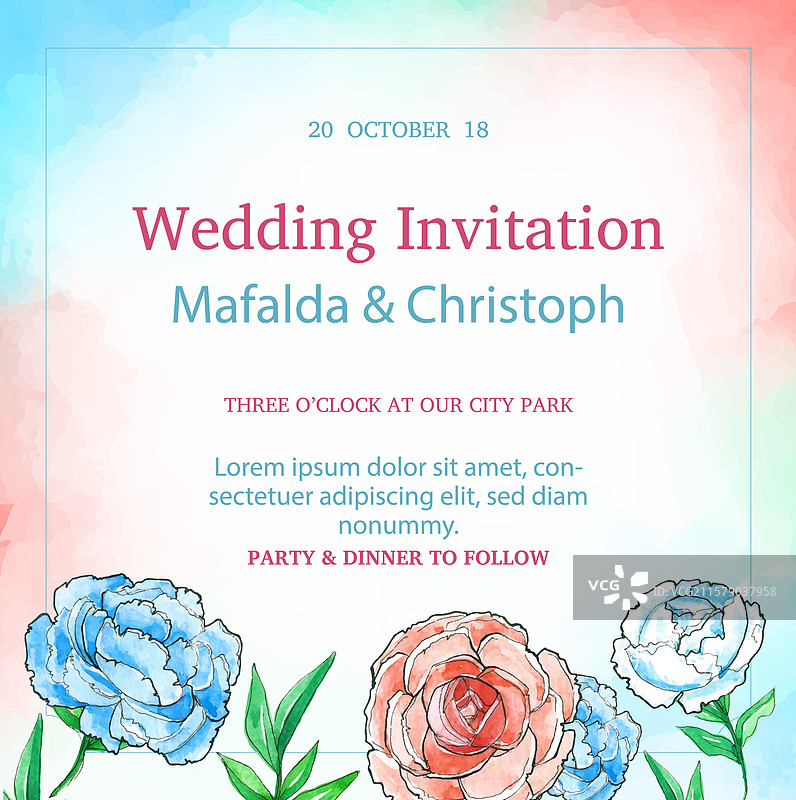 红色和蓝色的婚礼邀请模板图片素材