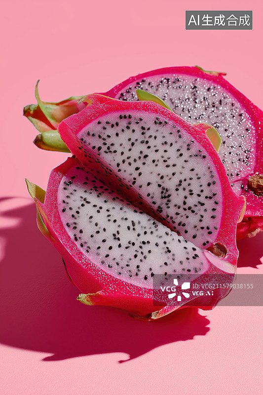 【AI数字艺术】切开的火龙果展示在粉色背景上图片素材