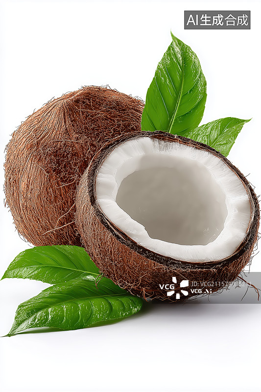 【AI数字艺术】新鲜椰子与绿叶的组合图片素材