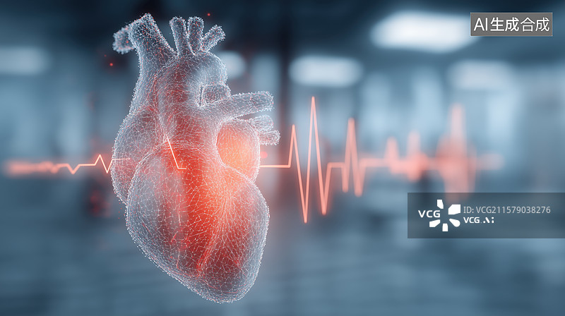 【AI数字艺术】心脏模型与心电图波形展示图片素材