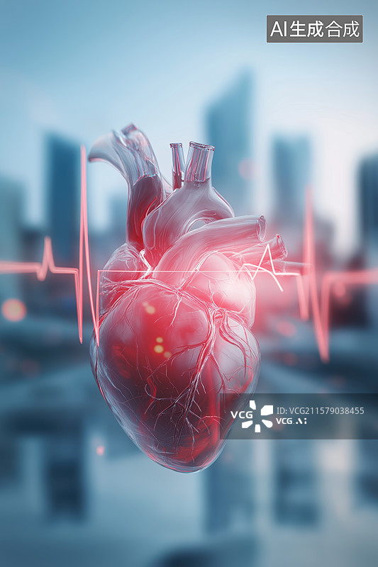 【AI数字艺术】心脏与城市背景的科技艺术图像图片素材