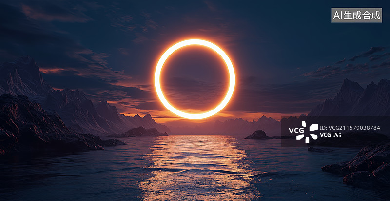 【AI数字艺术】日环食下的宁静海景图片素材