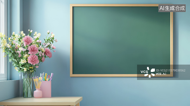 【AI数字艺术】​​教室绿黑板鲜花静物布置图图片素材
