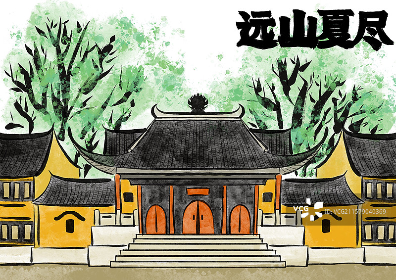 水墨风古风插画风景壁纸-远山夏尽图片素材