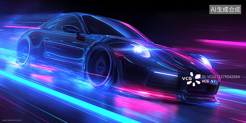 【AI数字艺术】霓虹光影中的疾驰跑车图片素材