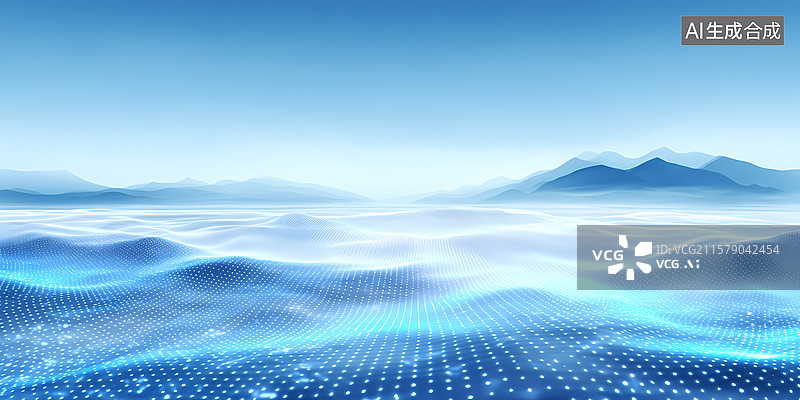 【AI数字艺术】蓝色波浪与远山的科技景观图片素材