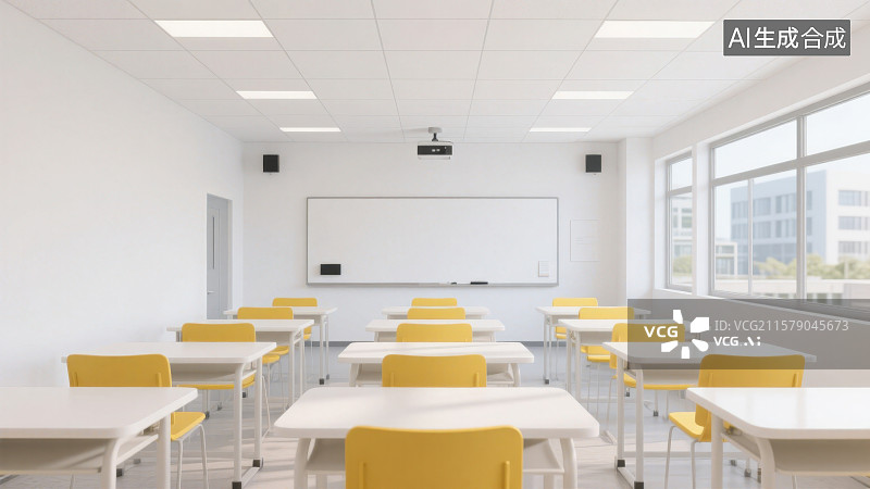 【AI数字艺术】宽敞明亮现代教室与课桌和白色互动板图片素材