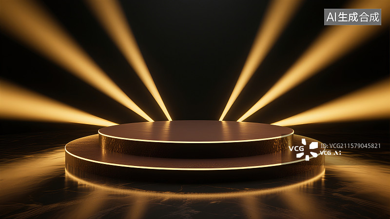 【AI数字艺术】3D渲染金光闪耀的圆形底座舞台图片素材