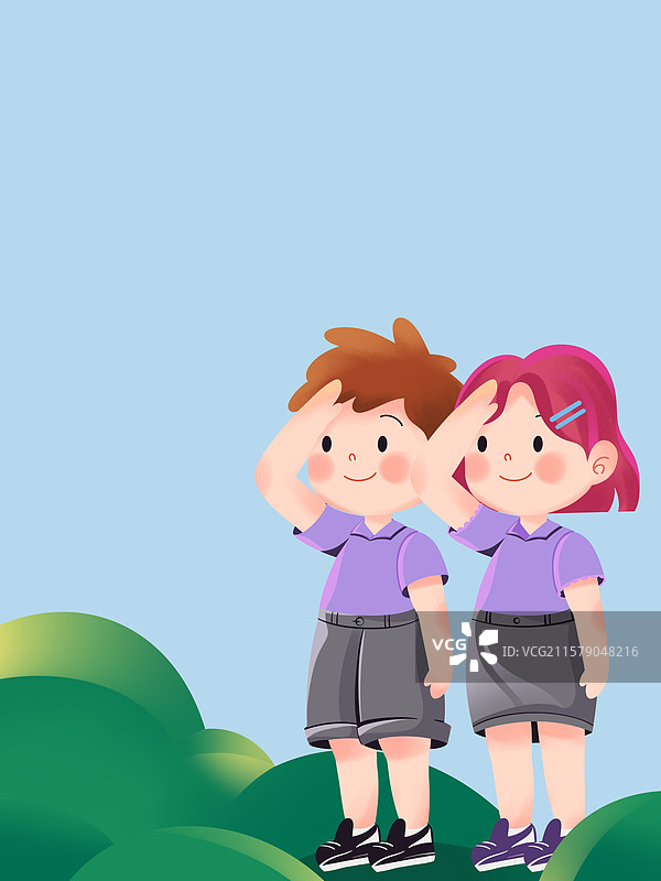 站在草丛前敬礼的少先队员学生图片素材