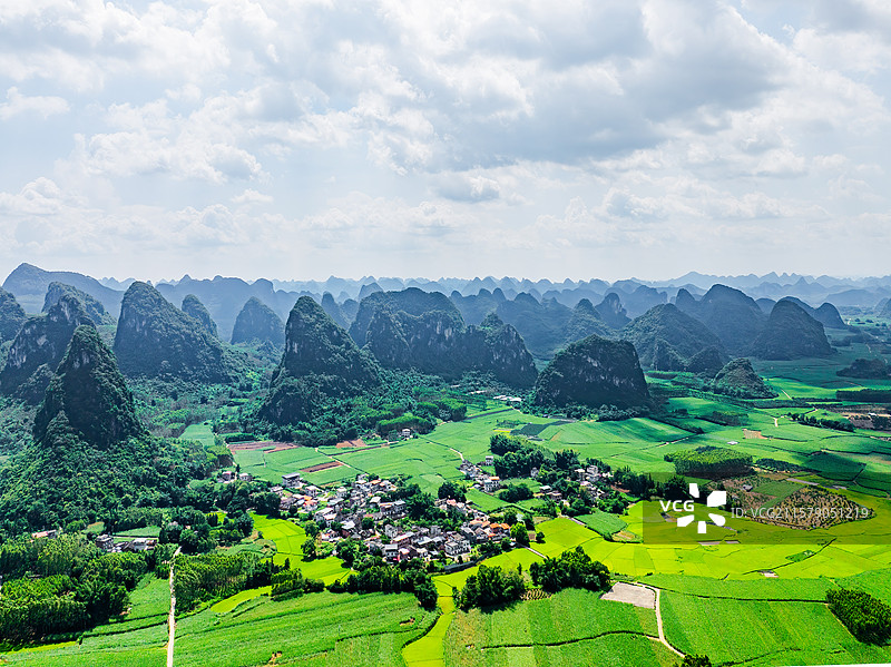 广西柳州柳南区喀斯特地貌田园、峰林航拍视角风光图片素材