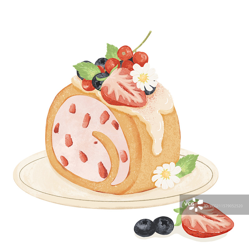 白色背景下盘子里甜点、瑞士卷、水果蛋糕的特写镜头图片素材