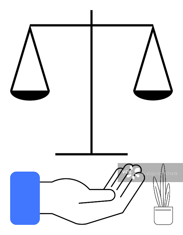 平衡的天平悬在张开的手上，旁边有一个小花盆图片素材