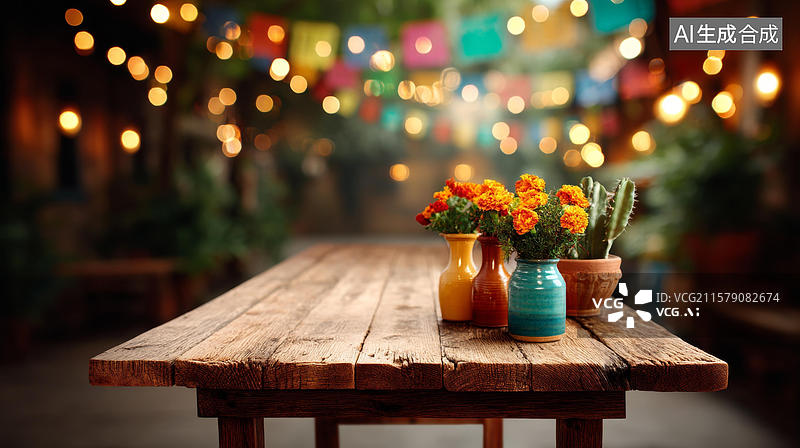 【AI数字艺术】节日氛围下的木质餐桌摆放图片素材