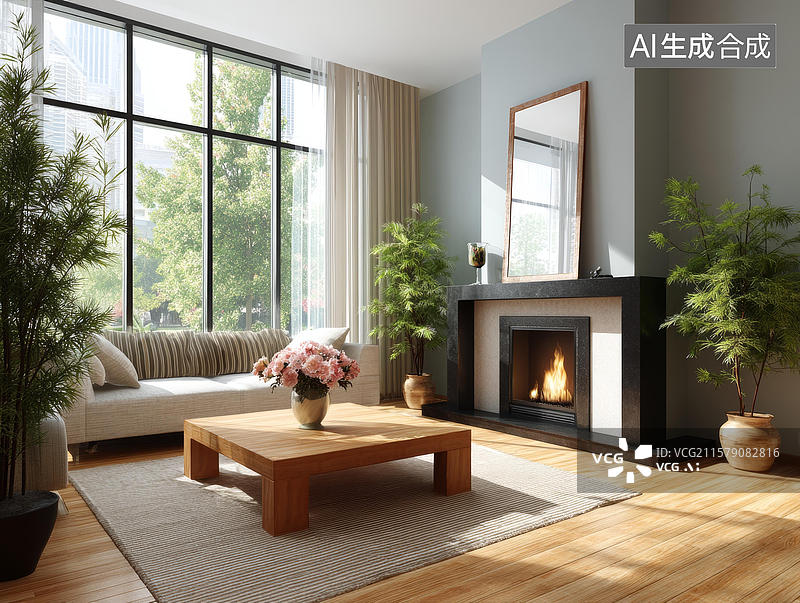 【AI数字艺术】现代风格客厅设计与壁炉图片素材