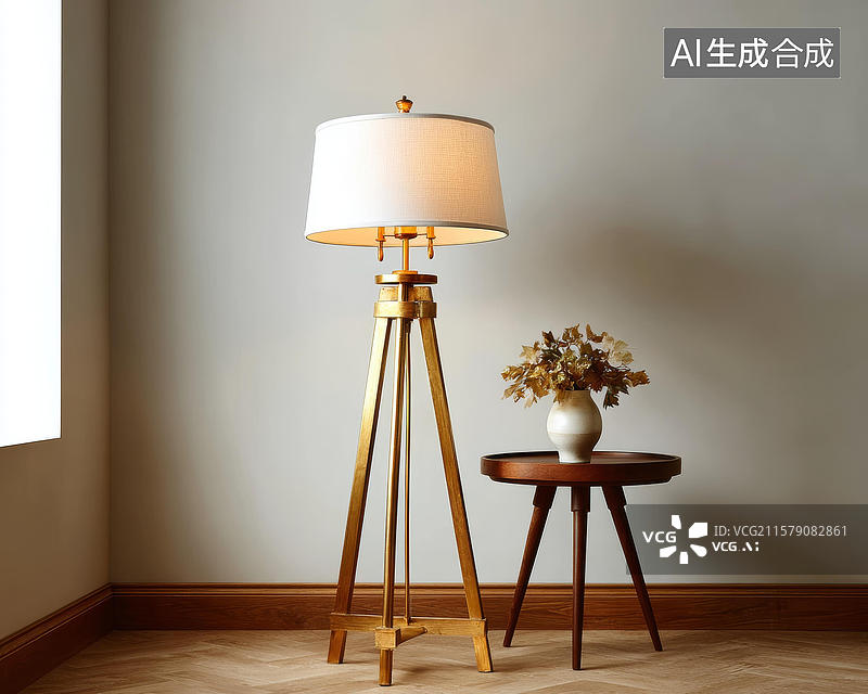 【AI数字艺术】金色三脚架落地灯和边桌组合图片素材