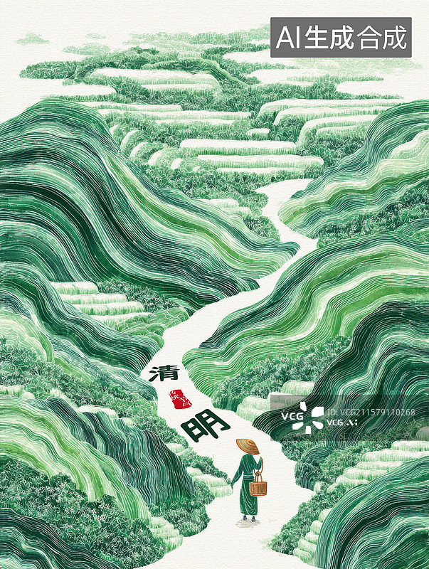 【AI数字艺术】一位女士正沿着绿色山景中的小路行走图片素材