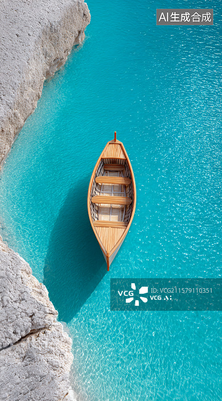 【AI数字艺术】清澈的河谷里一条小船图片素材