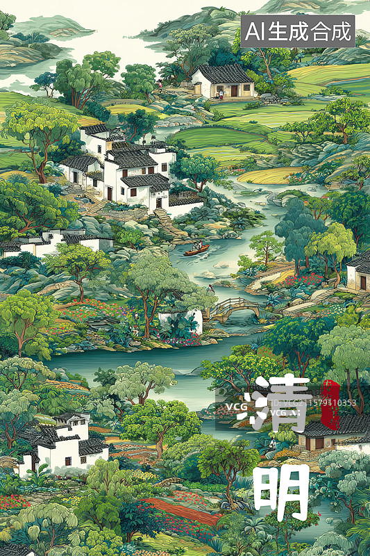 【AI数字艺术】一幅画有一座村庄, 里面有房屋和一条河流图片素材