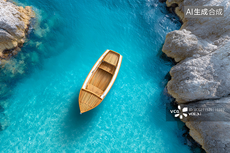【AI数字艺术】清澈的河谷里一条小船图片素材