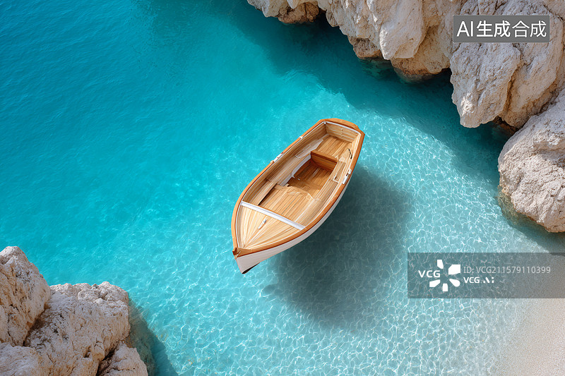 【AI数字艺术】清澈的河谷里一条小船图片素材