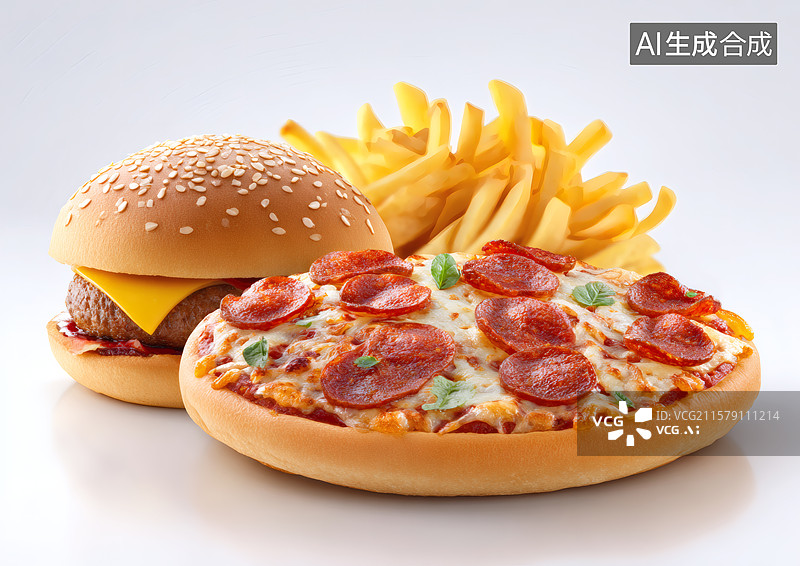 【AI数字艺术】西式快餐披萨汉堡薯条组合图片素材