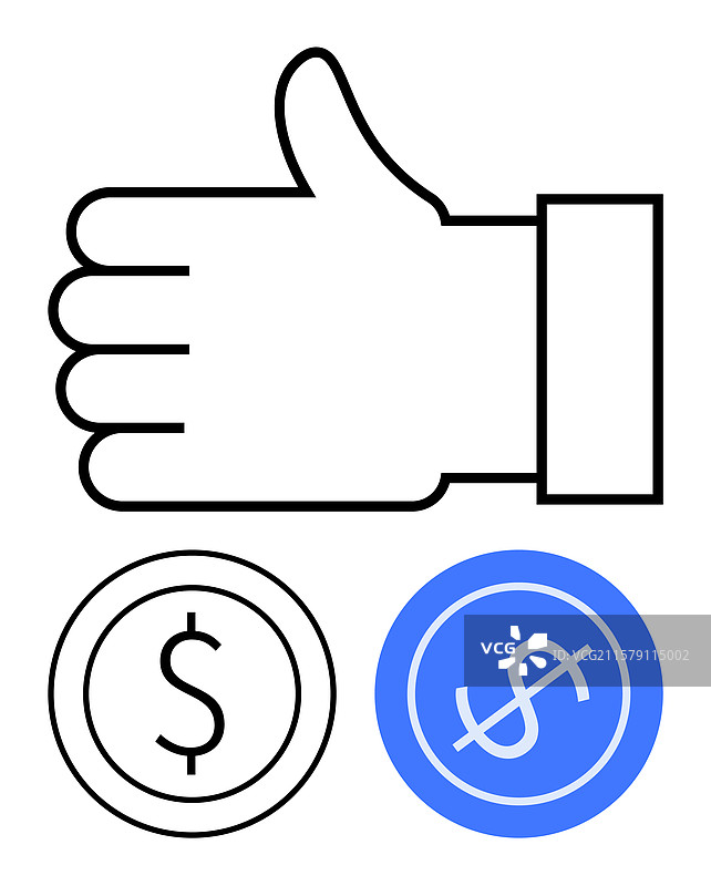 竖起大拇指与代表美元硬币的图标图片素材