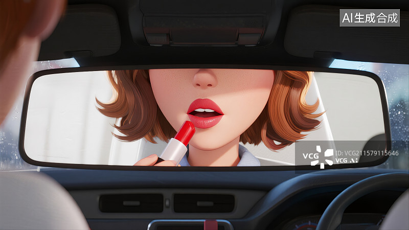 【AI数字艺术】汽车后视镜里化妆的涂口红特写镜头图片素材