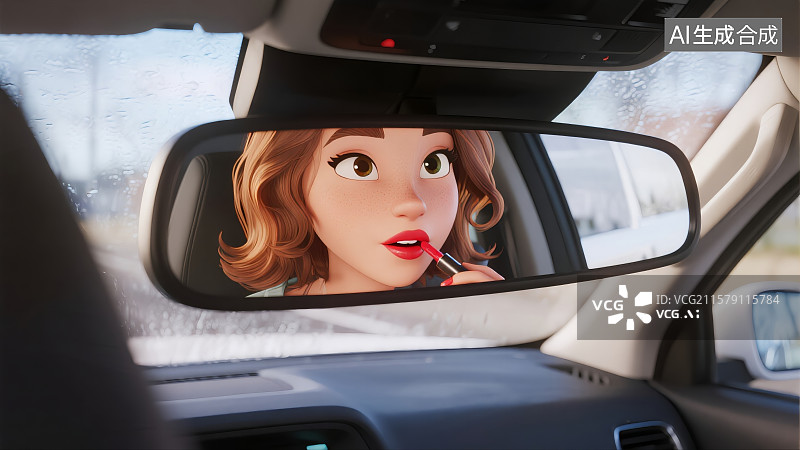 【AI数字艺术】汽车后视镜里化妆的涂口红特写镜头图片素材