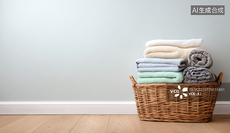 【AI数字艺术】叠放毛巾的藤编篮子图片素材
