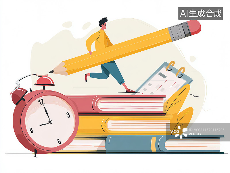 【AI数字艺术】人物手持铅笔跨越书本与闹钟图片素材