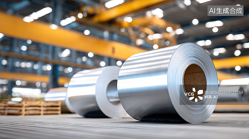 【AI数字艺术】现代工厂车间整齐排列的钢卷特写——制造强国和中国制造2025概念图片素材