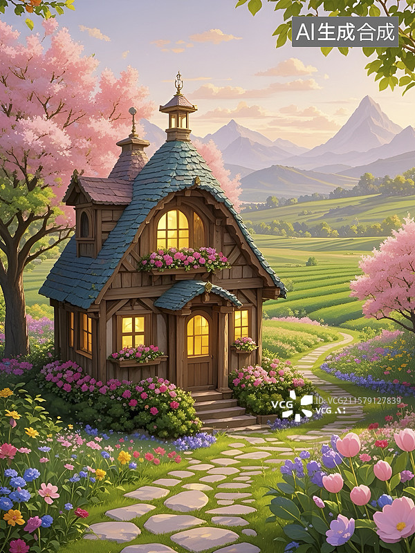 【AI数字艺术】童话风格的森林小屋与繁花图片素材