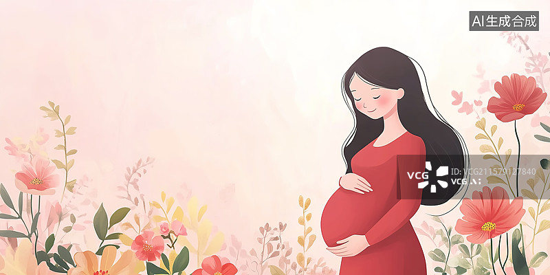 【AI数字艺术】幸福的孕妇抚摸肚子卡通插画——二孩生育概念图片素材