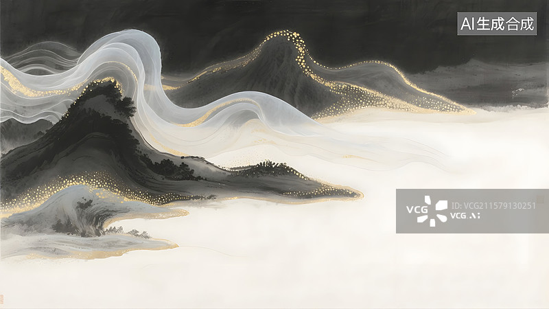 【AI数字艺术】抽象山水画流动黑金国风背景图片素材