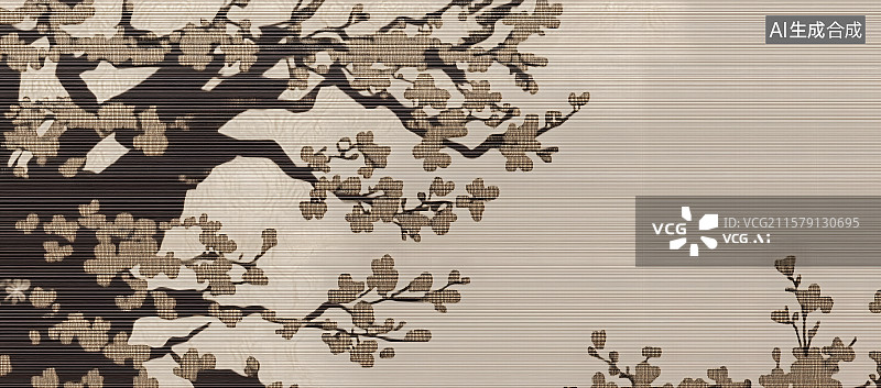 【AI数字艺术】有肌理的米色布纹上面的树枝、树影，中式、新中式背景意境图片素材