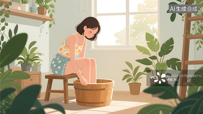 【AI数字艺术】三伏天泡脚的女孩插画图片素材