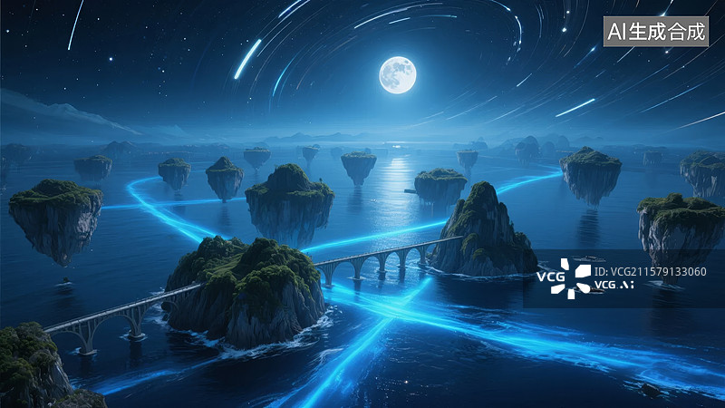 【AI数字艺术】夜空下的悬浮岛屿与光桥图片素材