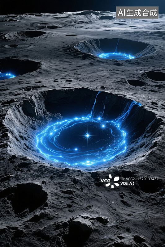 【AI数字艺术】月球表面神秘发光陨石坑图片素材