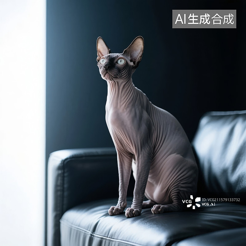 【AI数字艺术】无毛猫静坐于黑色沙发之上图片素材