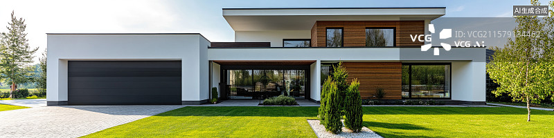 【AI数字艺术】梦幻极简乡村暑假度假现代双层别墅坐落田园理想夏日假期胜地汽车广告背景简洁建筑葱郁草坪山景背衬房地产图片素材