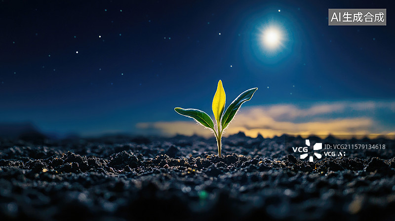 【AI数字艺术】梦幻月光下的幼苗极简温柔月光下新生植树节希望中秋金融科技与企业视觉的抽象商业背景人类月球日图片素材