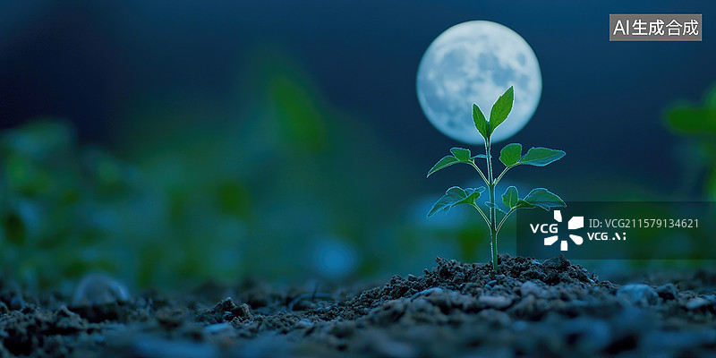 【AI数字艺术】梦幻月光下的幼苗极简温柔月光下新生植树节希望中秋金融科技与企业视觉的抽象商业背景人类月球日图片素材