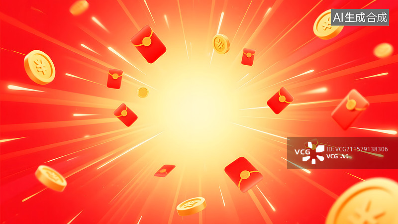 【AI数字艺术】红色背景下的发射的新年红包背景图片素材