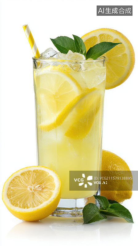 【AI数字艺术】冰镇柠檬水配薄荷叶和柠檬片图片素材