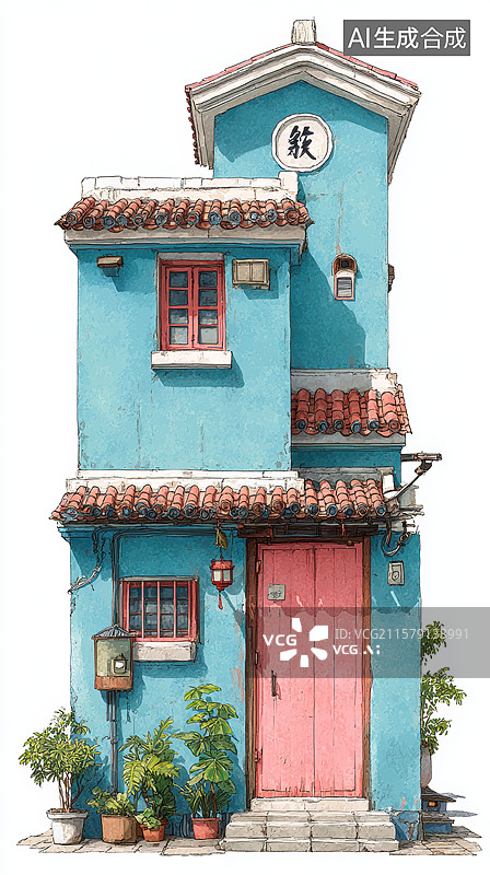 【AI数字艺术】蓝色小屋与红色门图片素材