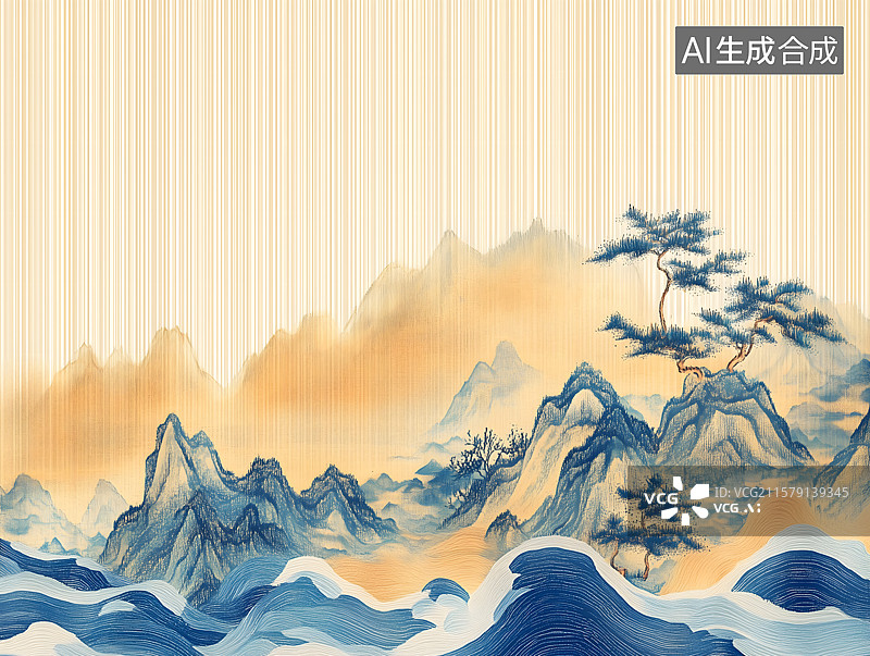 【AI数字艺术】中国风古典山水风景画 横版 古典复古风格山水风景画，中国传统山水国潮古风背景图图片素材
