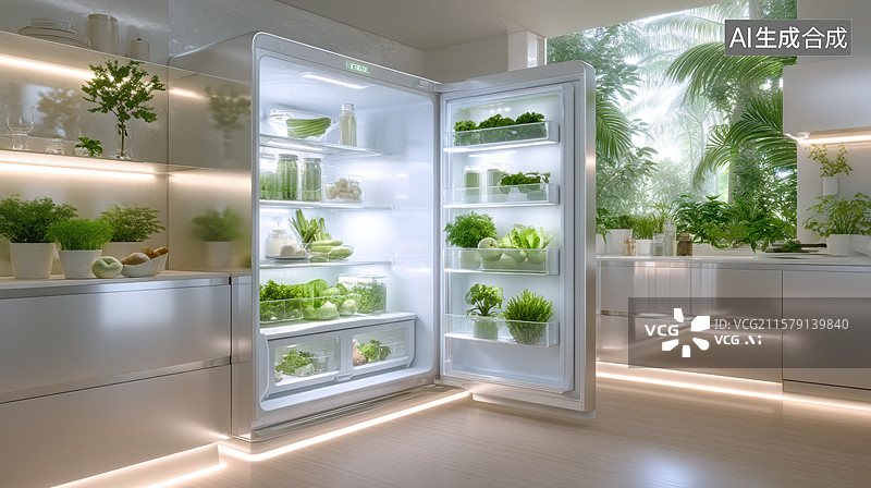 【AI数字艺术】智能冰箱展示新鲜蔬菜图片素材